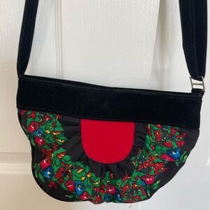 Black Velvet Shoulder Bag with Red Accent and Floral Trim